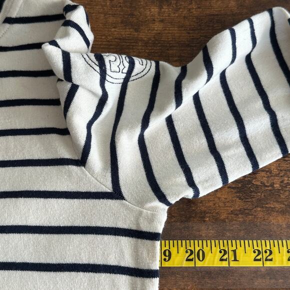 Tory Burch Sweater Top Medium White Blue Stripe EUC Nautical Coastal 100% Cotton - Picture 4 of 11